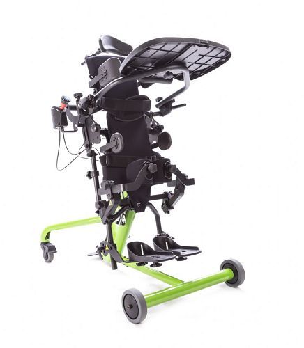 Bantam Stander in standing, partially reclined position - shows Head Support, Push Handle, Shadow Tray, Lateral Supports, and Hip Supports (not included)