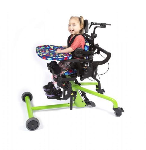Bantam Stander in slightly seated position - shows optional Foot Straps, Shadow Tray with Padded Tray Cover, Hip Supports, Lateral Supports, Positioning Belt, Push Handle, and Head Support