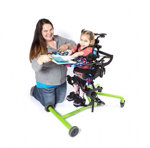 Bantam Stander in standing position - shows optional Foot Straps, Shadow Tray with Padded Tray Cover, Hip Supports, Lateral Supports, Positioning Belt, Push Handle, and Head Support