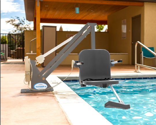 Range 2 Pool Lift shown with White Frame (pictured as grey. Only available as white) and Grey Seat