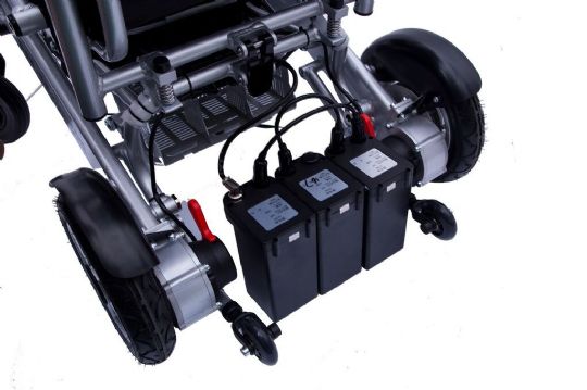 Freedom Chair Battery Mount. One battery is included. You can purchase one or two more batteries, so you can travel longer. Batteries are for sale on the accessory webpage. 