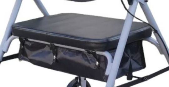 This INNO Rollator has a padded seat with a storage basket underneath 