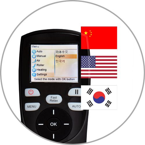 Osaki OS-Monarch LCD Remote Control supports English, Chinese, and Korean language settings