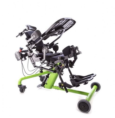 Bantam Stander in reclined, partially seated position - shows Shadow Tray, Head Support, Lateral Supports, and Hip Supports (not included)