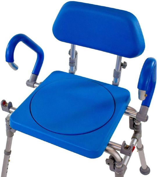 The Liberty Folding Shower Chair with Swivel Seat's arms can be raised and lowered to ease transfers.