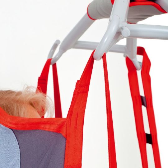 The shoulder straps, on this patient lift sling, have the unique sliding loop, which provides smooth transition from lying to sitting position and vice versa.
