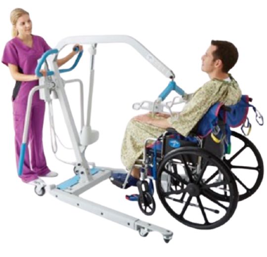Lift shown in use to place patient into wheelchair - Shown with optional gait training arms for 700 lb lift - Lift no included 