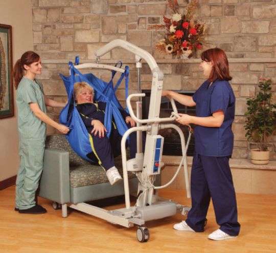Bariatric Mobile Lift shown here being used with a sitting sling. 