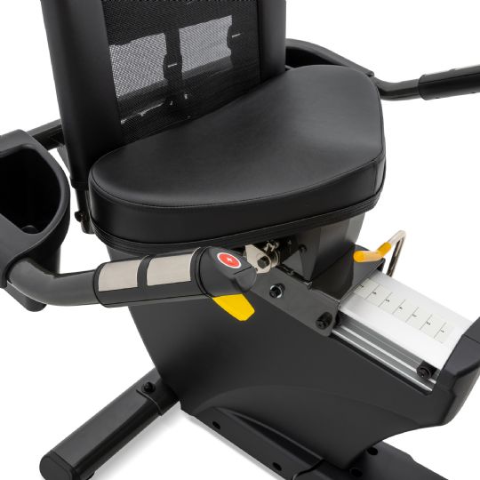 XBR95 Recumbent Exercise Bike picture shows the padded seat, the hand grips, as well as the lever to adjust height 