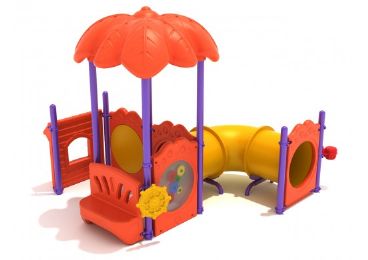 Pediatric Bright Colored Asheville Outdoor Commercial Ground-Level Playground Equipment Features a Crawl Tunnel and Gear Panel