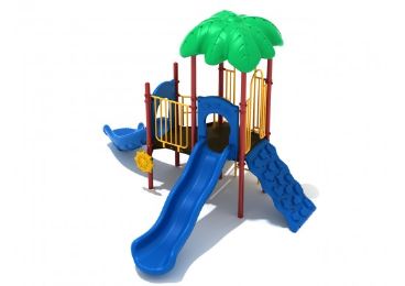 Compact Outdoor Village Greens Playground System for Ages 2-12 - Equipped with 2 Slides and Varying Height Platforms