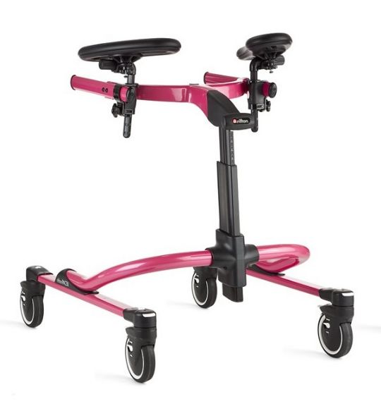 Rifton Pacer X-Large Gait Trainer shown with Standard Upper Frame, raspberry frame, and optional arm platforms (pair)