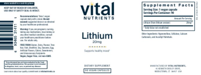 Lithium Capsules 20mg by Vital Nutrients