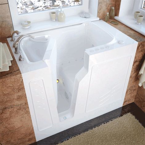 Watertight, walk-in tub door system with slip-resistant floor and ADA-compliant seat.