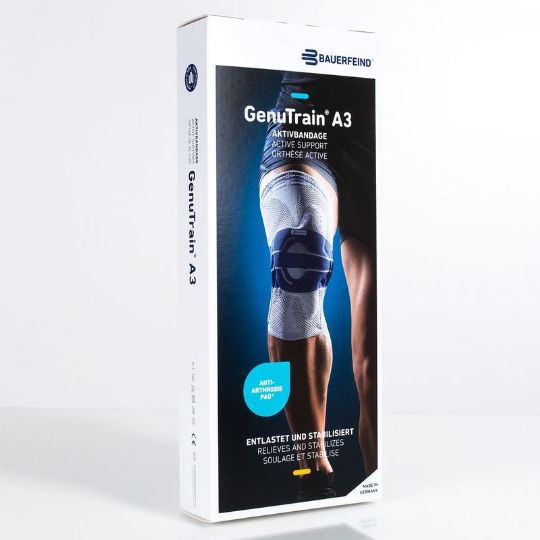 Packaging for the Bauerfeind GenuTrain A3 Arthritis Relief Knee Support