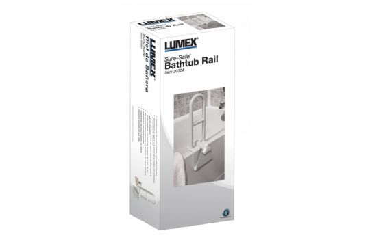 The Lumex Sure-Safe Bathtub Safety Rail comes in a sleek retail package