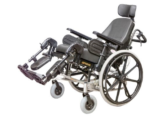 Wheelchair shown in further tilted position