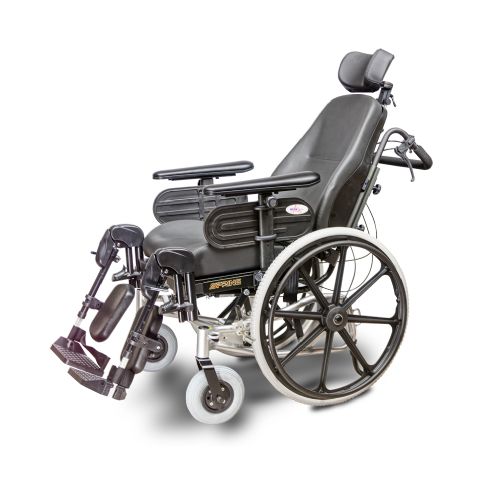 Wheelchair shown in slightly tilted position