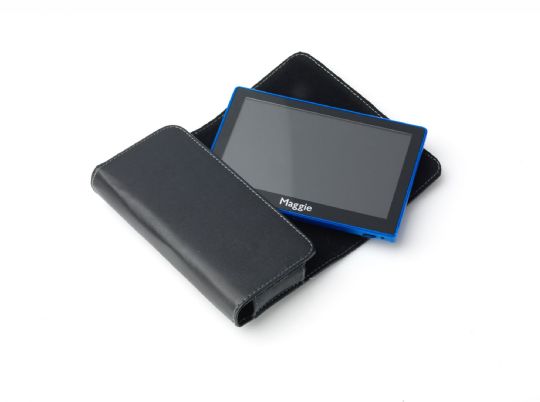 Maggie includes faux-leather wallet-like case for protection and convenient portability 