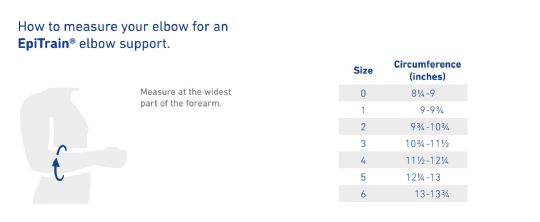 Size Chart for the Bauerfeind EpiTrain Elbow Supports