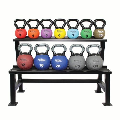 Sturdy shelves support up to 200lbs (Kettlebells NOT included)