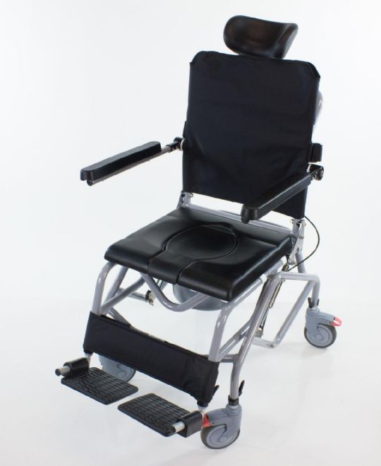 It has a multi-use design. Shown above, the commode lid is on, allowing it to be used as a shower chair