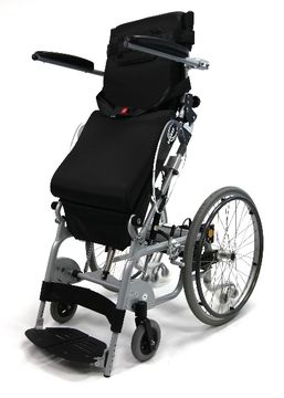 Easy push button allows the wheelchair to convert to a stand-up position. 
