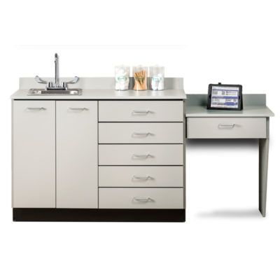 Base Cabinet Set with 2 Doors, 5 Drawers and Desk in Gray