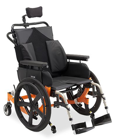 Shown with optional swing-away footrests, front-mounted mag wheels, short back height with adjustable headrest, and lateral supports