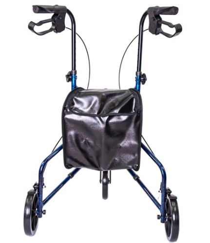 Rollator walker in blue, back view featuring spacious waterproof pouch