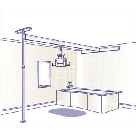 Rendering of Voyager Portable Ceiling Lift with Easytrack 1 Post and 1 Wall Mount Configuration in a bathroom