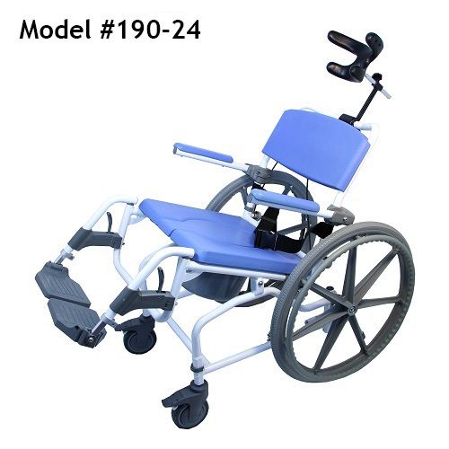 The 18in Wide Aluminum Tilt Shower Commode Chair with 24in tall rear wheels.