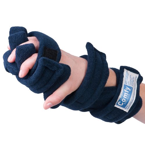Splint shown in navy blue with finger separator (not included )