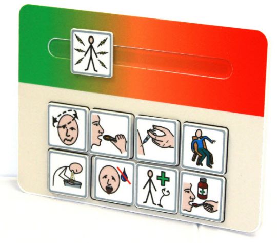 Whatz-It is a simple device that comes with eight magnetic tiles, which are placed on the board when the individual is feeling pain. The scale is measured from green (less intense pain) to red (intense pain). 
