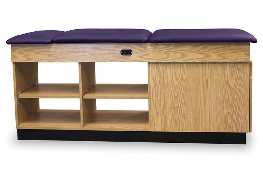 The heavy-duty 3-section foam top table includes two open storage sections with adjustable shelves