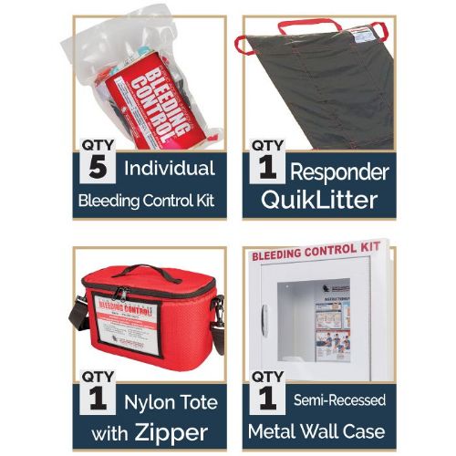 Public Access Bleeding Control Station - 5-Pack of Vacuum-Sealed Basic Kits in a Metal Semi-Recessed Wall Case