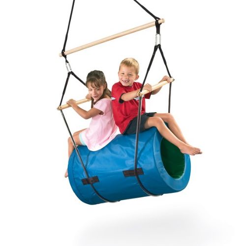Made of strong corrugated material, the barrel swing can accommodate multiple clients at once. 