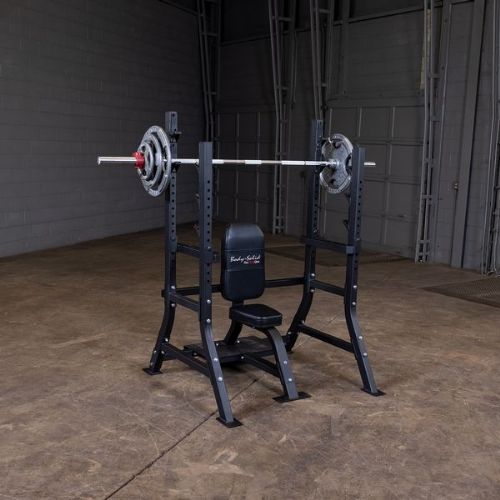 Bench showing with barbell and weights (barbell and weights not included)
