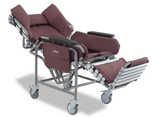 The back reclines up to 45 degrees, allowing for the elimination of patient restraints.