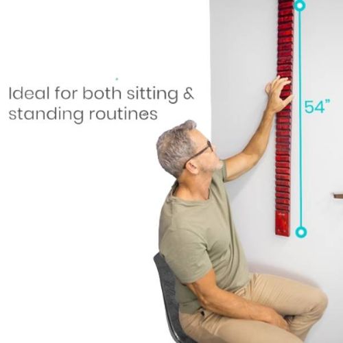 Picture shows how one can stand or sit and use the finger ladder comfortably 