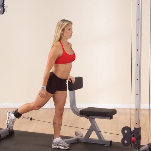 Perform hundreds of strength efficient exercises, including leg kickbacks. 