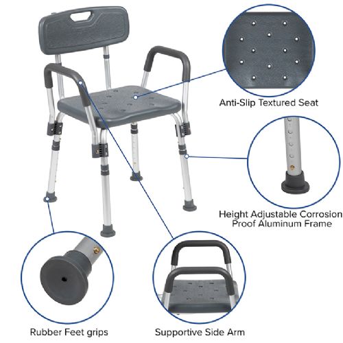 Features rubber feet grips, anti-slip textured seat, supportive armrests, and height adjustable legs