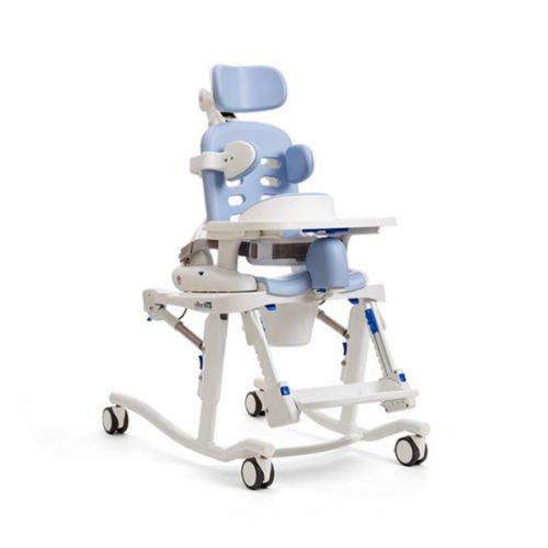Deluxe Package Rifton Medium HTS shown with a headrest, lateral supports, hip guides, deflector, harness, support tray, commode pan, and push handles.