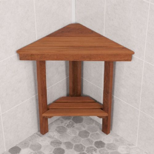 The Teak Mini Corner Bench With Shelf fits well in shower areas and helps utilize small corner spaces.