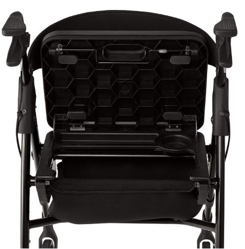 Height-Adjustable Momentum Rollator with Seat Showing Opened Under-Seat Storage Unit