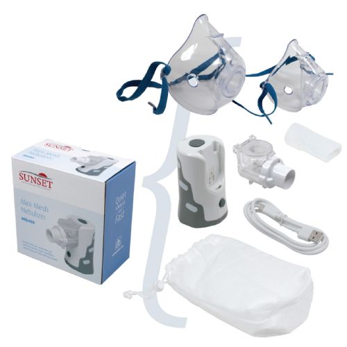 Includes nebulizer, 8 ml medication cup, 2 masks, mouthpiece, and carry bag