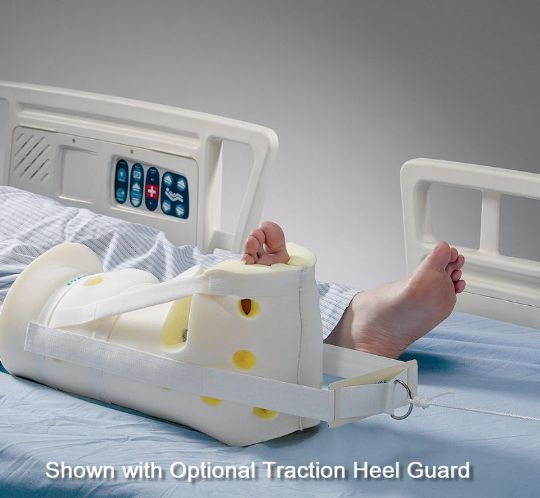 The Posey Premium Heel Guard features a traction bar and straps, as well as a larger calf support area for pre-surgical preparation of bone fractions and other ailments.