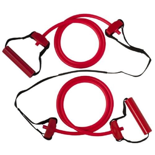 Trainer Cable Resistance Band Exercise Kit includes 2 four feet resistance cables, 2 max flex handles. and an adjustable looping system.