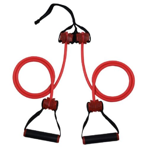 The looping system of the resistance tubing set has the ability to be set up around a door, tree, or pole, or used with a partner. 