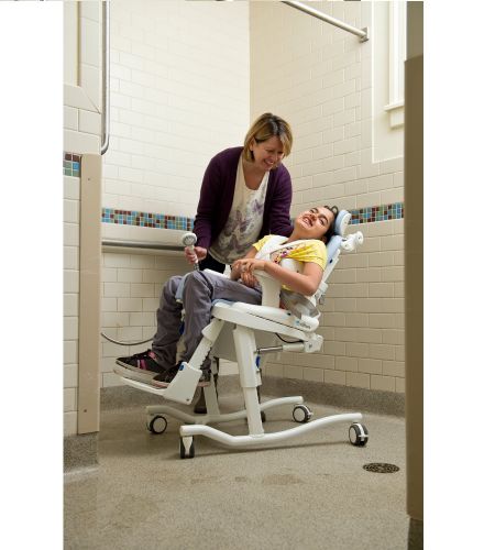 Deluxe Mobile HTS Package model shown in use with tilt frame to make showering easier for patients and caregivers.